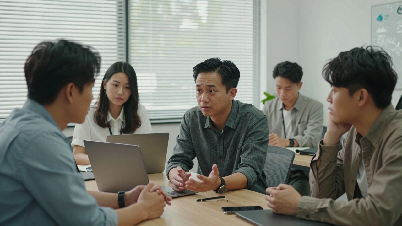 A quiet office moment where people listen deeply to each other, no words needed, just presence.
