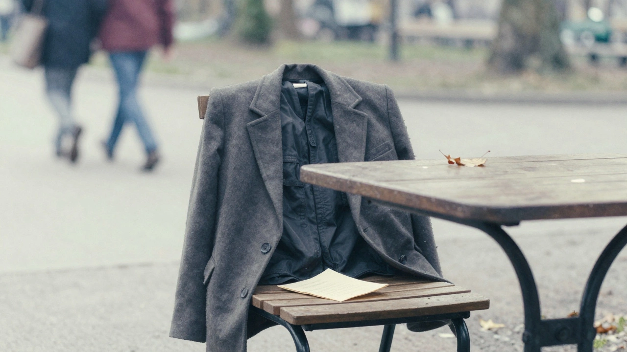 An empty chair in a park holds a coat and a letter, symbolizing unseen voices and quiet longing.