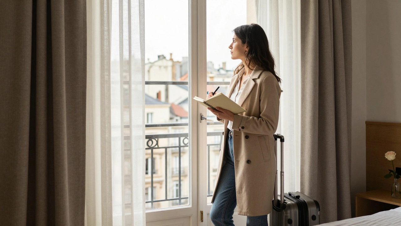 An independent escort stands calmly by a hotel window in Lyon, morning light highlighting her quiet presence.
