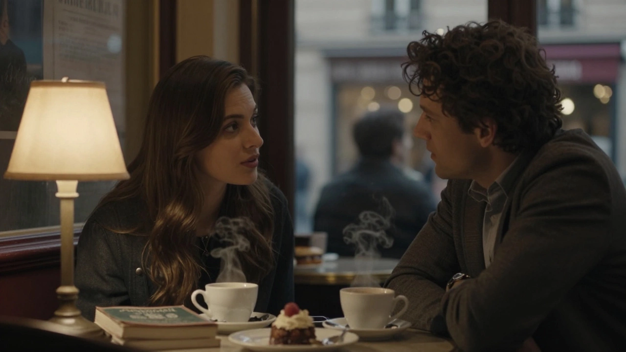 Two people converse gently in a Parisian café, books and coffee between them, bathed in soft twilight glow.